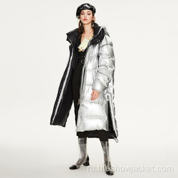 Модная одежда, длинное пуховое пальто из серебристой ткани для женщин